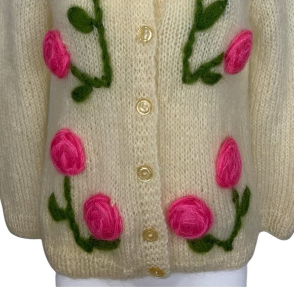 Vintage Wool Mohair Cardigan Sweater S Cream Floral Italy - Picture 11 of 14